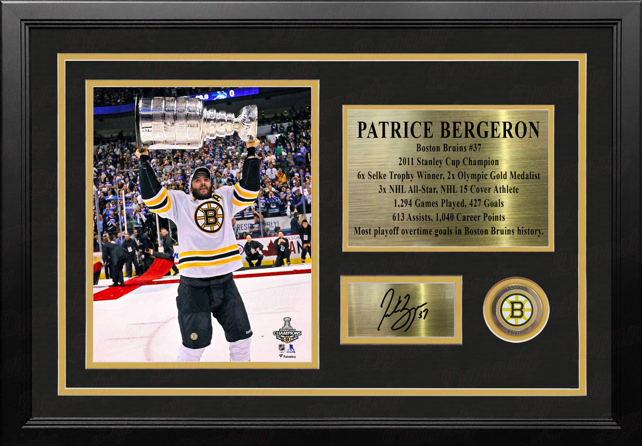 Patrice Bergeron Stanley Cup Boston Bruins 8x10 Framed Photo with Engraved Autograph & Career Stats
