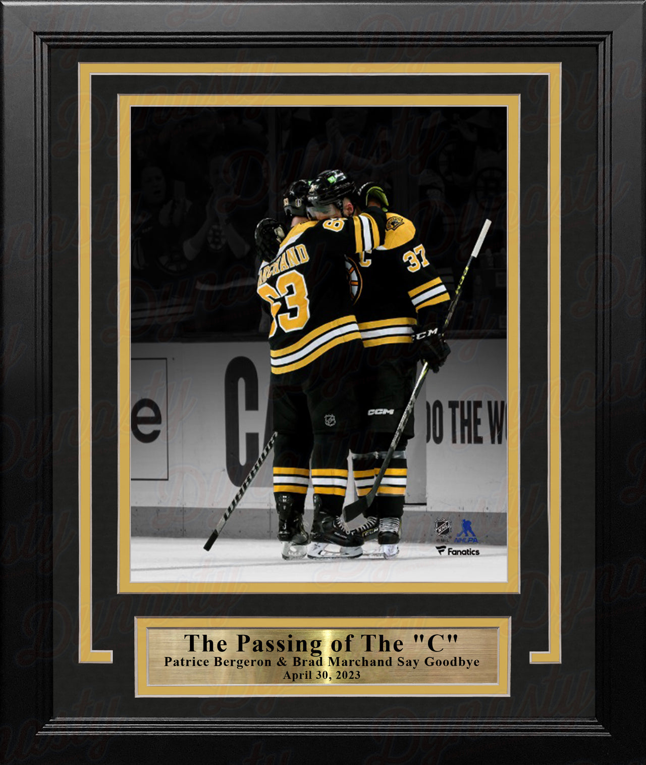 Brad Marchand & Patrice Bergeron Hug During Bergeron's Final Game Boston Bruins 8x10 Framed Photo