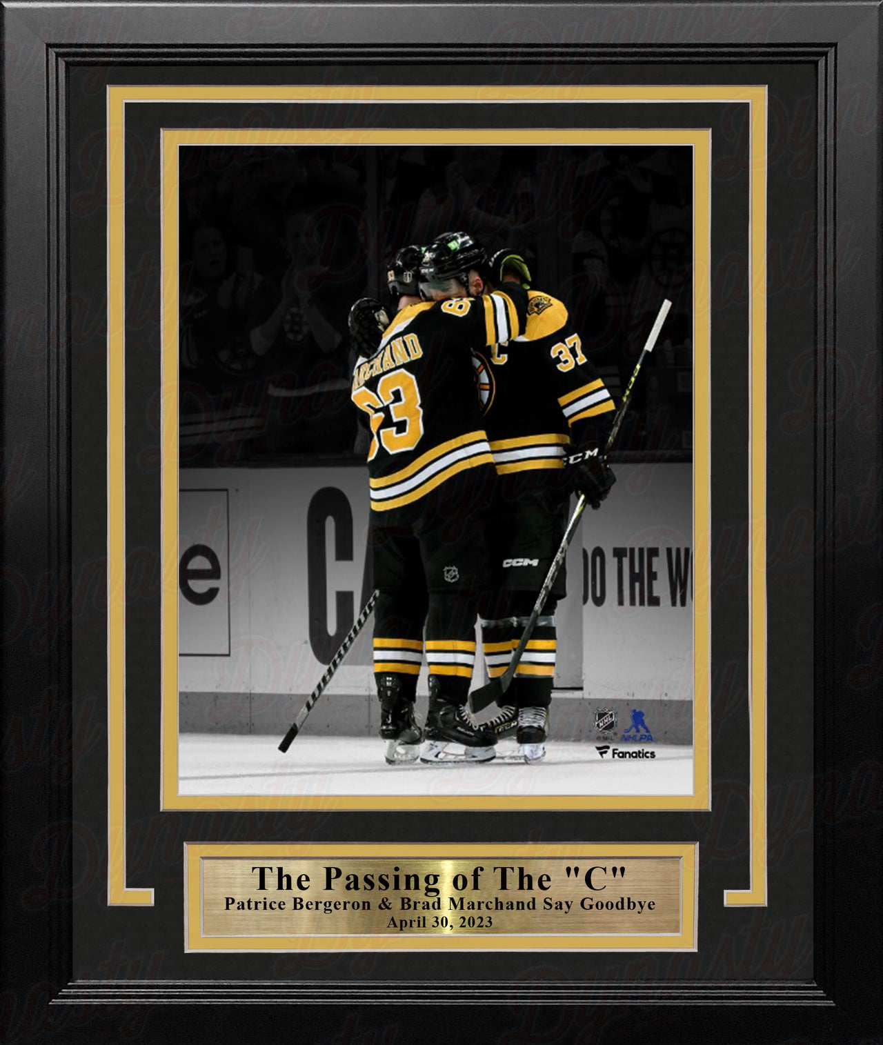 Brad Marchand & Patrice Bergeron Hug During Bergeron's Final Game Boston Bruins 11x14 Framed Photo