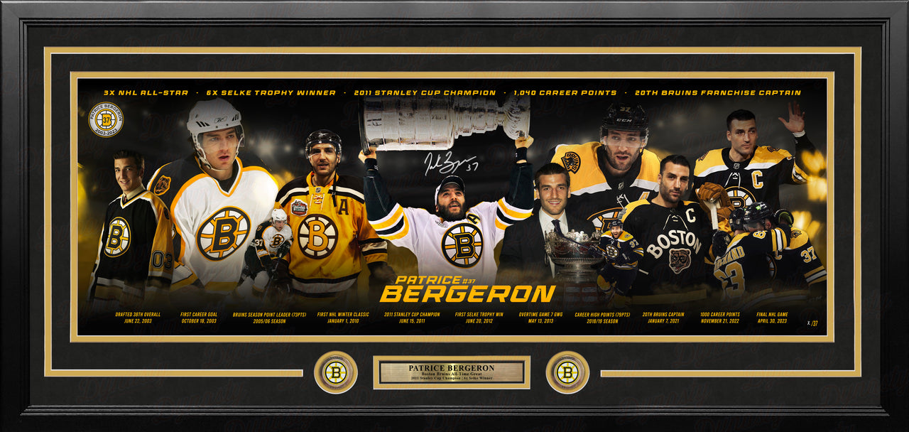 Patrice Bergeron Boston Bruins Career Highlights Autographed Framed 12" x 36" Hockey Panorama - Limited Edition of 37