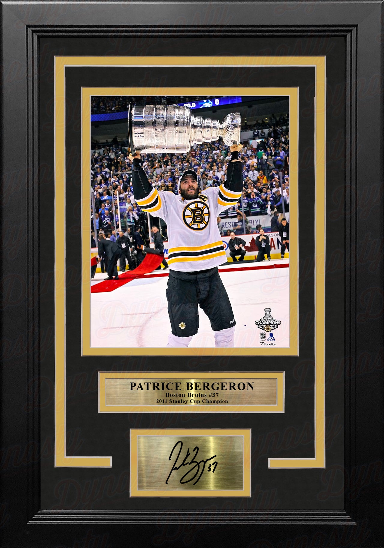 Patrice Bergeron Stanley Cup Trophy Boston Bruins 8x10 Framed Hockey Photo with Engraved Autograph
