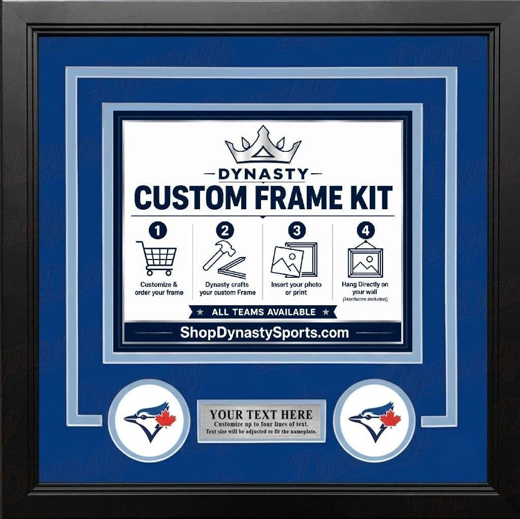 Toronto Blue Jays Custom MLB Baseball Picture Frame Kit with Blue Matting, Sky Blue Trim, a Silver Nameplate, and Blue Jays logos