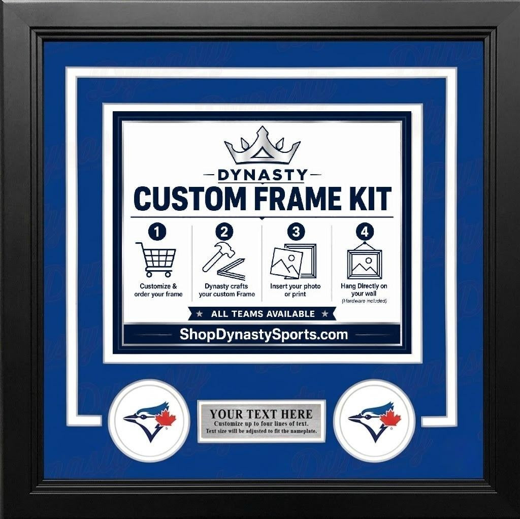 Toronto Blue Jays Custom MLB Baseball Picture Frame Kit with Blue Matting, White Trim, a Silver Nameplate, and Blue Jays logos