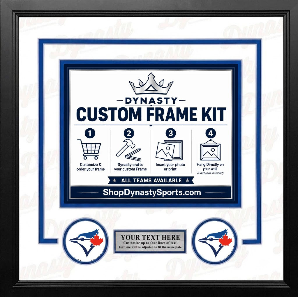 Toronto Blue Jays Custom MLB Baseball Picture Frame Kit with White Matting, Blue Trim, a Silver Nameplate, and Blue Jays logos