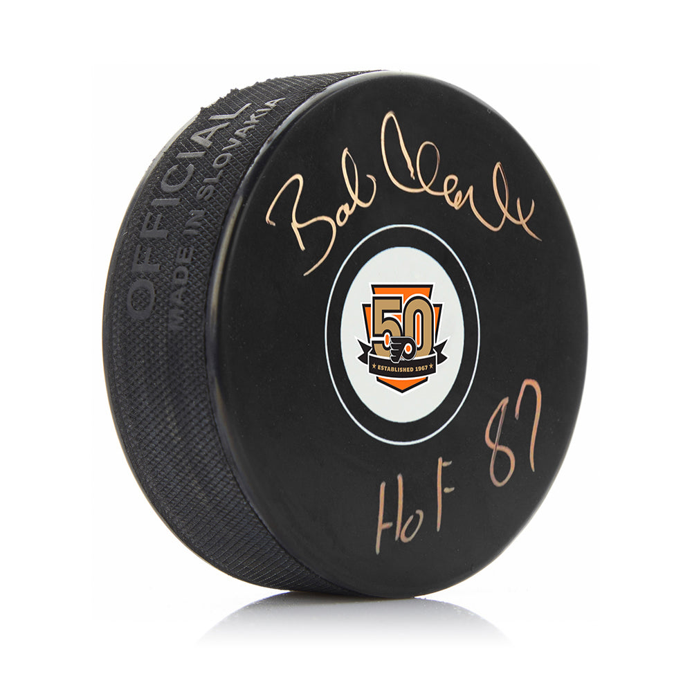Bob Clarke Autographed 50th Anniversary Philadelphia Flyers Hockey Puck with HOF Inscription
