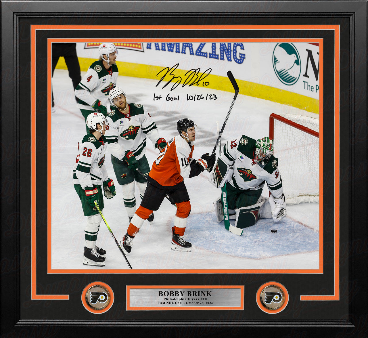 Bobby Brink 1st Career Goal Autographed Philadelphia Flyers 11x14 Framed Photo with Date Inscription