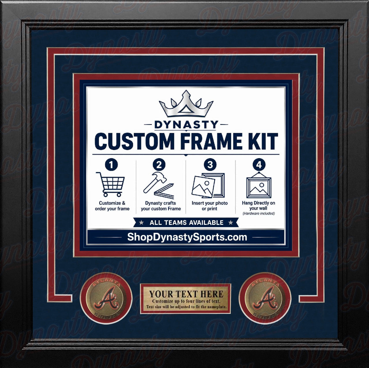 Atlanta Braves Custom MLB Baseball Picture Frame Kit with Navy Blue Matting, Red Trim, a Gold Nameplate, and Braves medallions