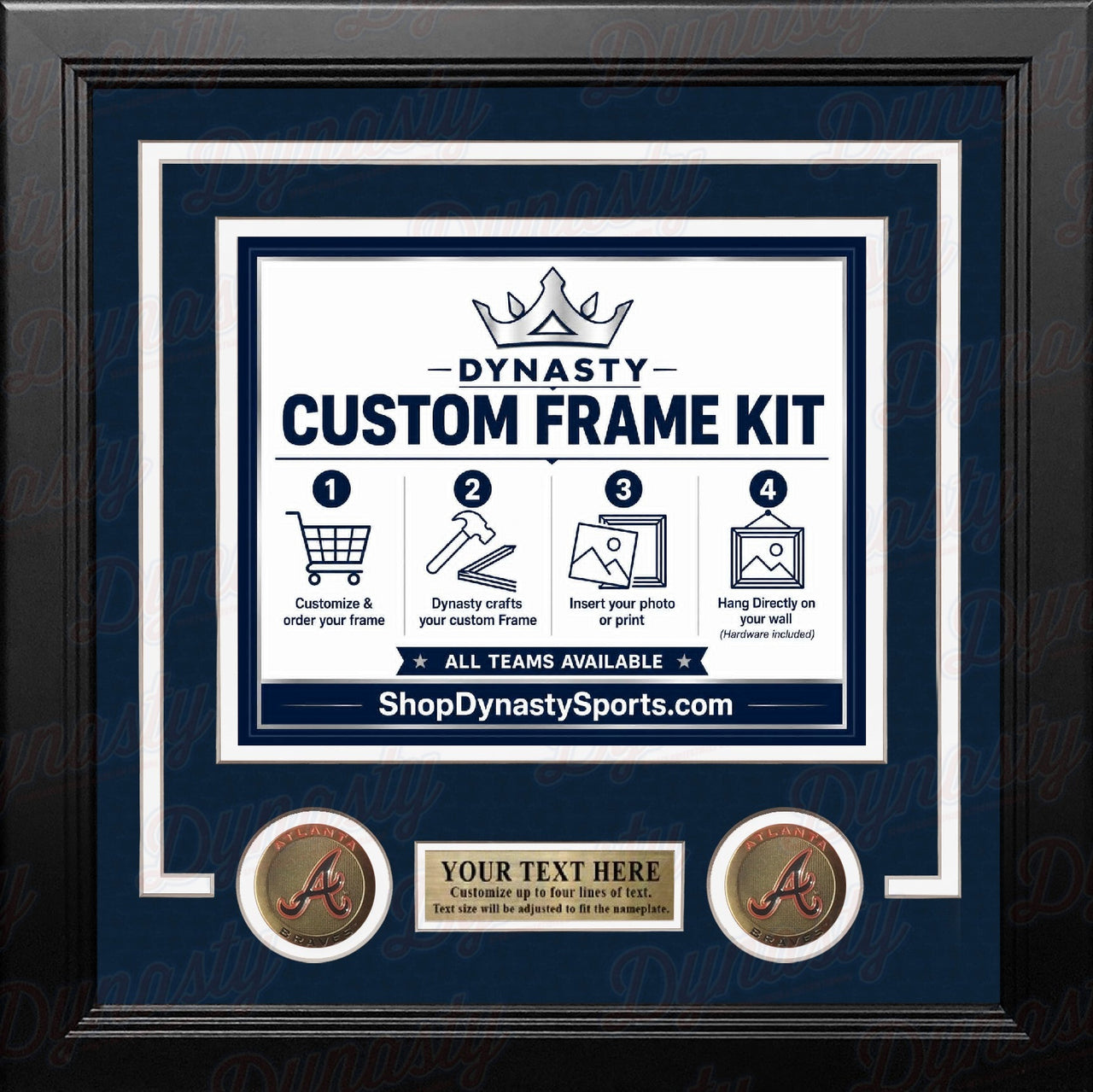 Atlanta Braves Custom MLB Baseball Picture Frame Kit with Navy Blue Matting, White Trim, a Gold Nameplate, and Braves medallions