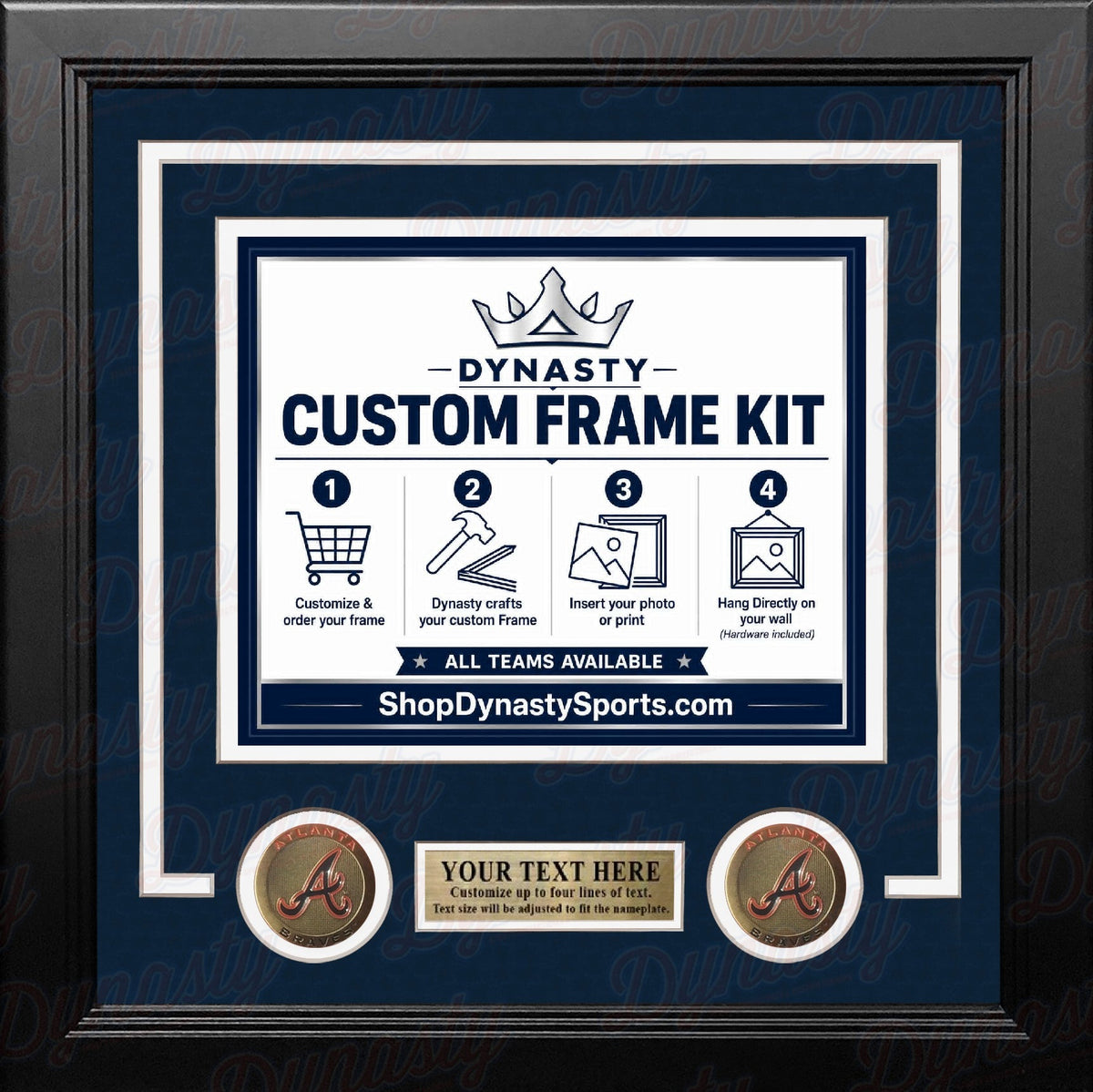 Atlanta Braves Custom MLB Baseball Picture Frame Kit with Navy Blue Matting, White Trim, a Gold Nameplate, and Braves medallions