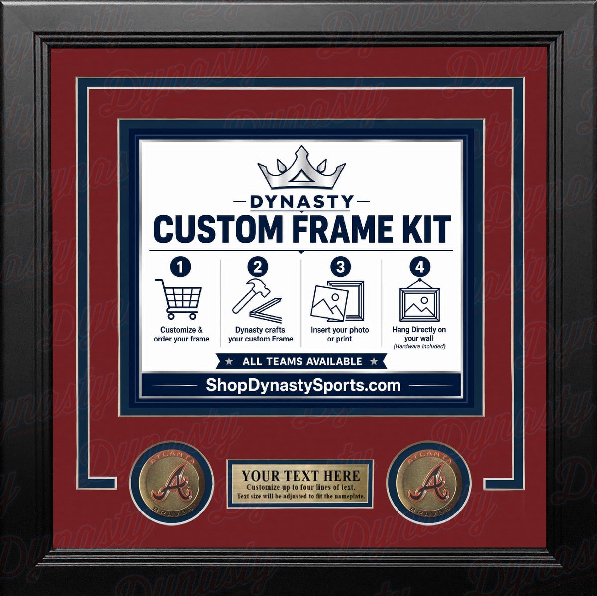 Atlanta Braves Custom MLB Baseball Picture Frame Kit with Red Matting, Navy Blue Trim, a Gold Nameplate, and Braves medallions