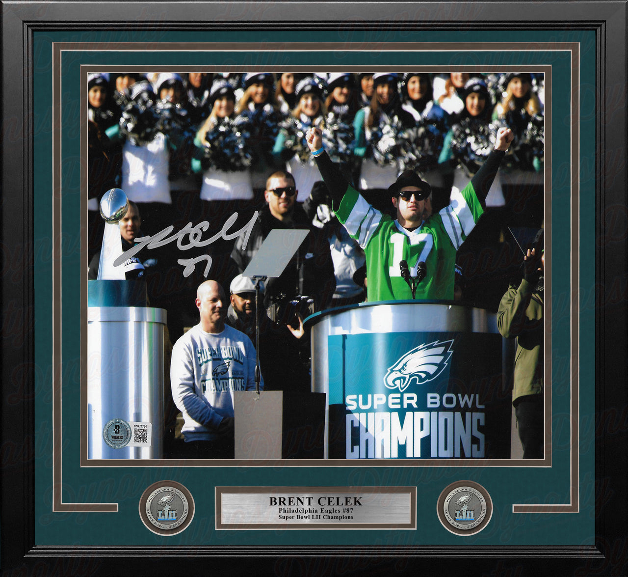 Brent Celek Super Bowl Champions Victory Speech Philadelphia Eagles Autographed 11x14 Framed Photo