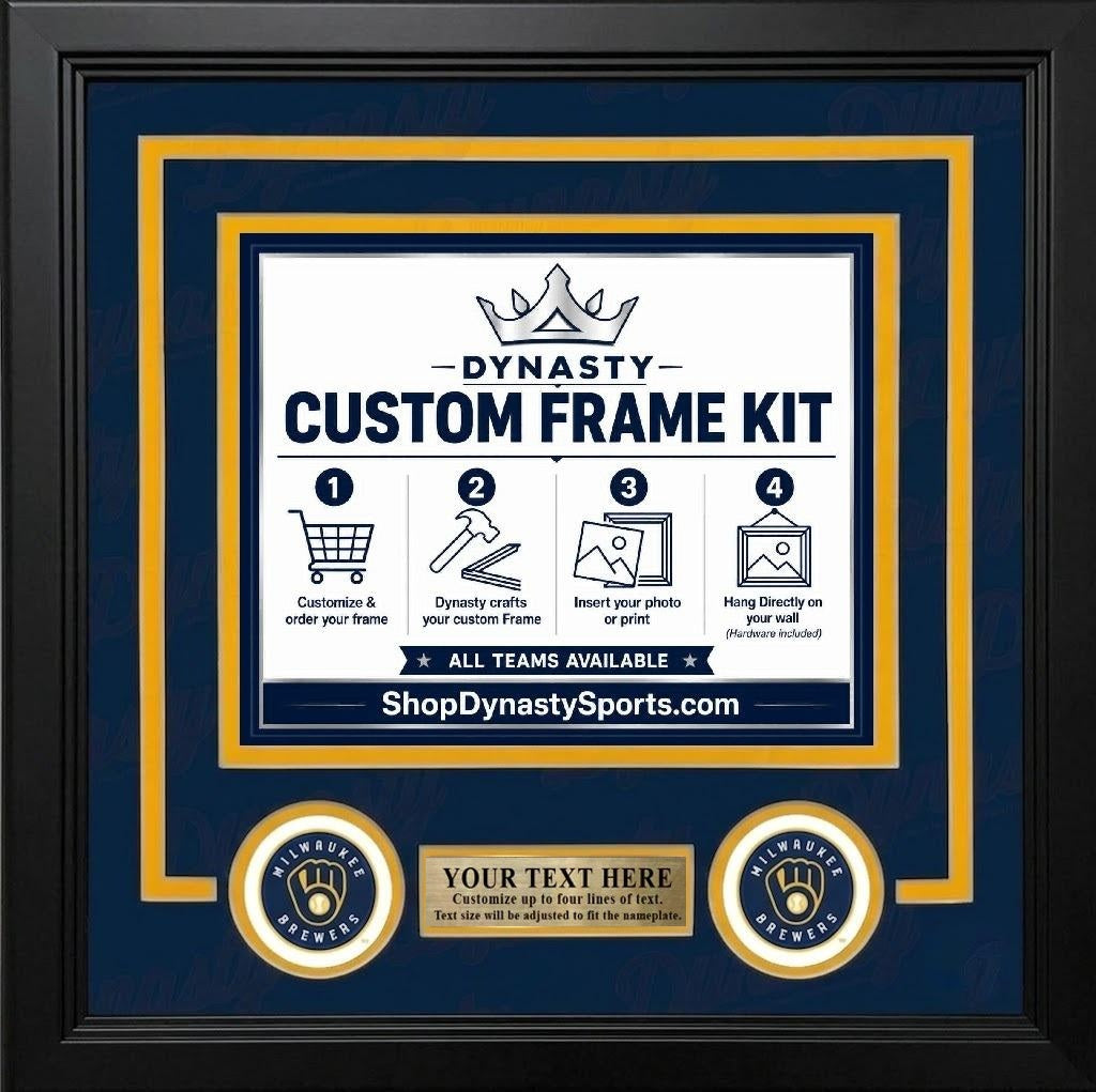 Milwaukee Brewers Custom MLB Baseball Picture Frame Kit with Navy Blue Matting, Yellow Trim, a Gold Nameplate, and Brewers logos