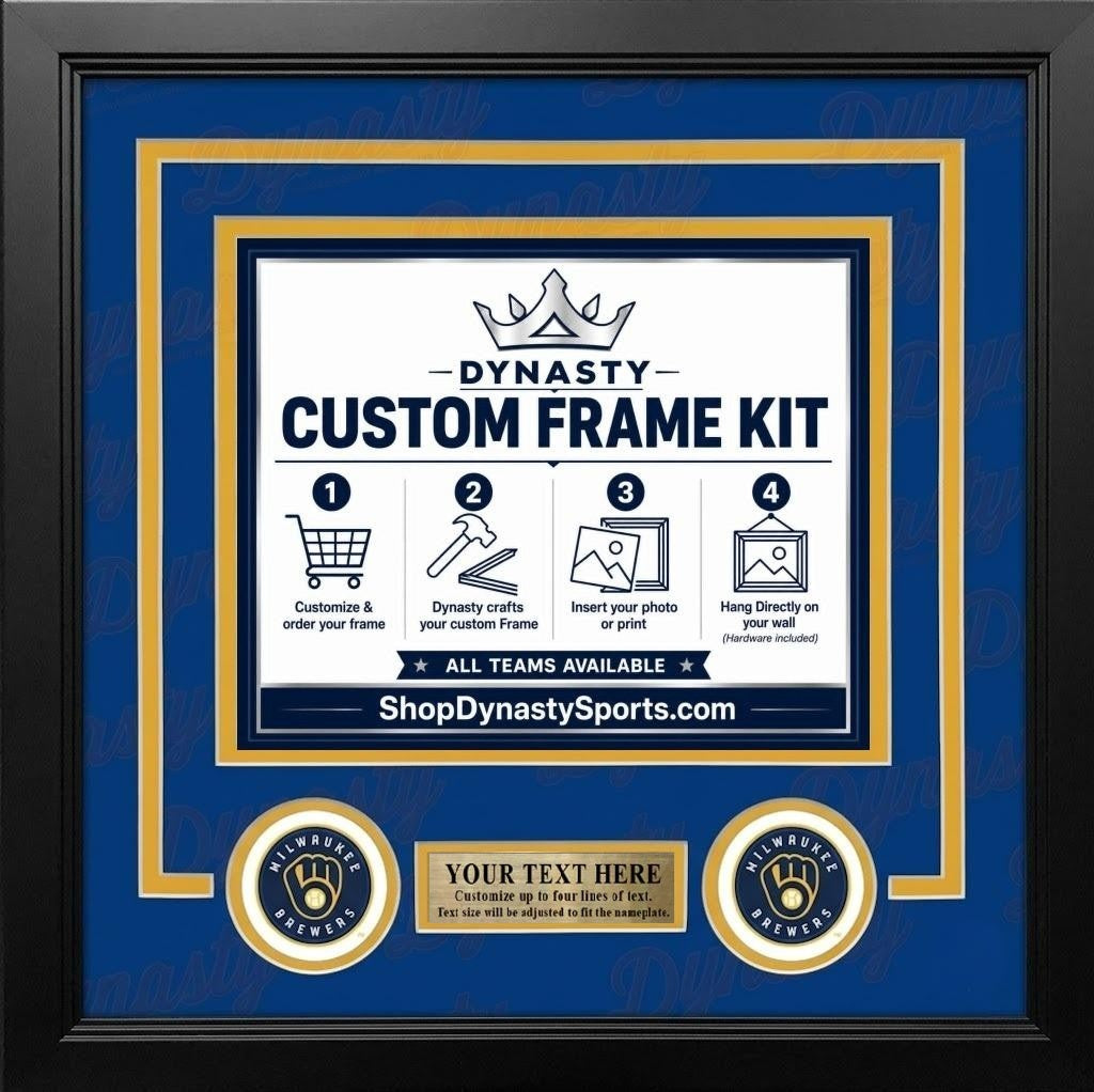 Milwaukee Brewers Custom MLB Baseball Picture Frame Kit with Blue Matting, Yellow Trim, a Gold Nameplate, and Brewers logos