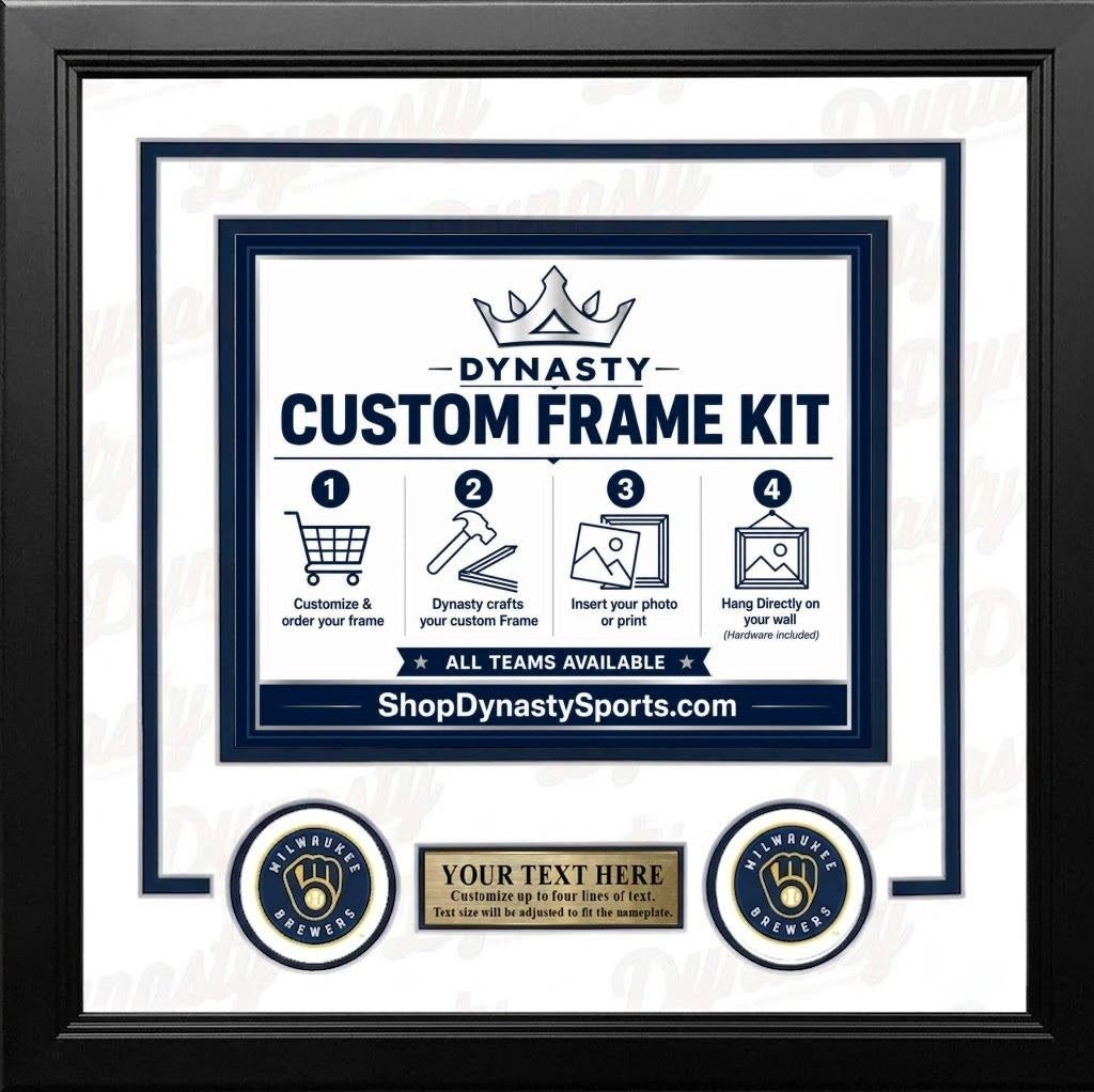 Milwaukee Brewers Custom MLB Baseball Picture Frame Kit with White Matting, Navy Blue Trim, a Gold Nameplate, and Brewers logos