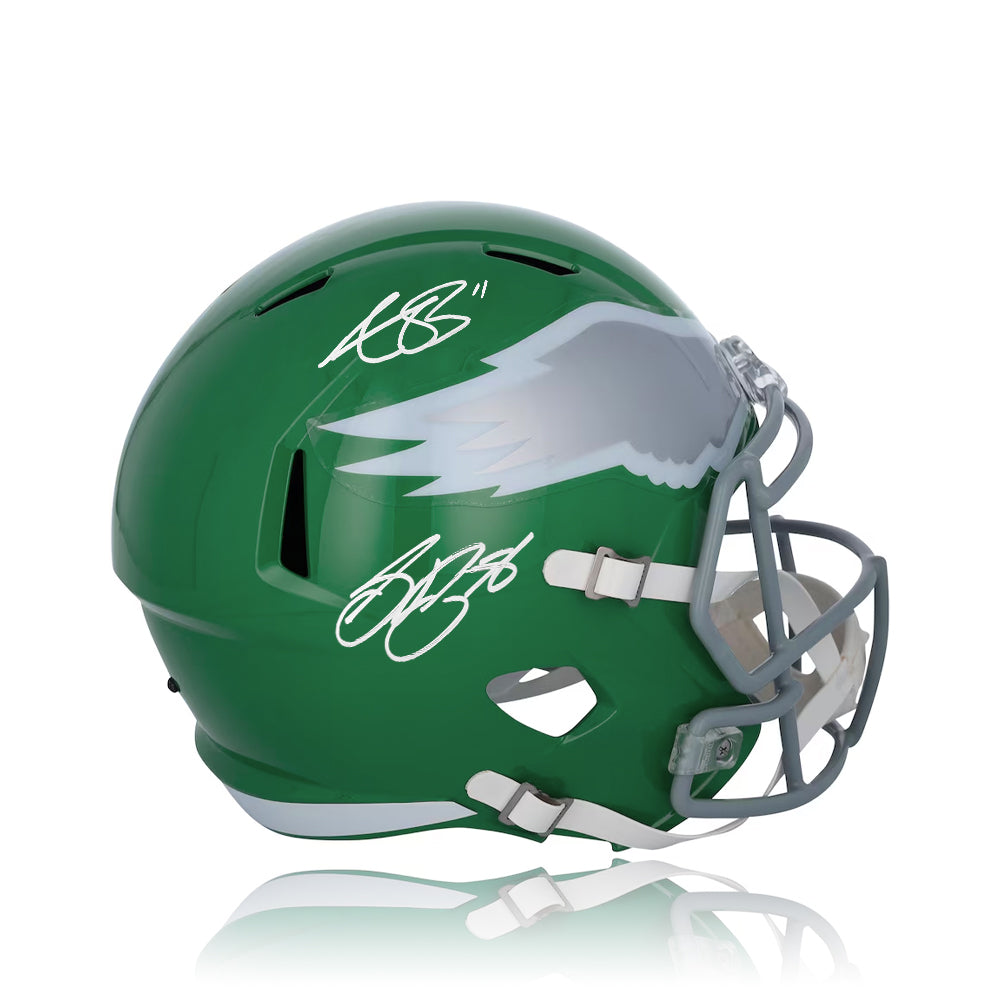 Saquon Barkley & AJ Brown Philadelphia Eagles Autographed Kelly Green Alternate Full-Size Helmet