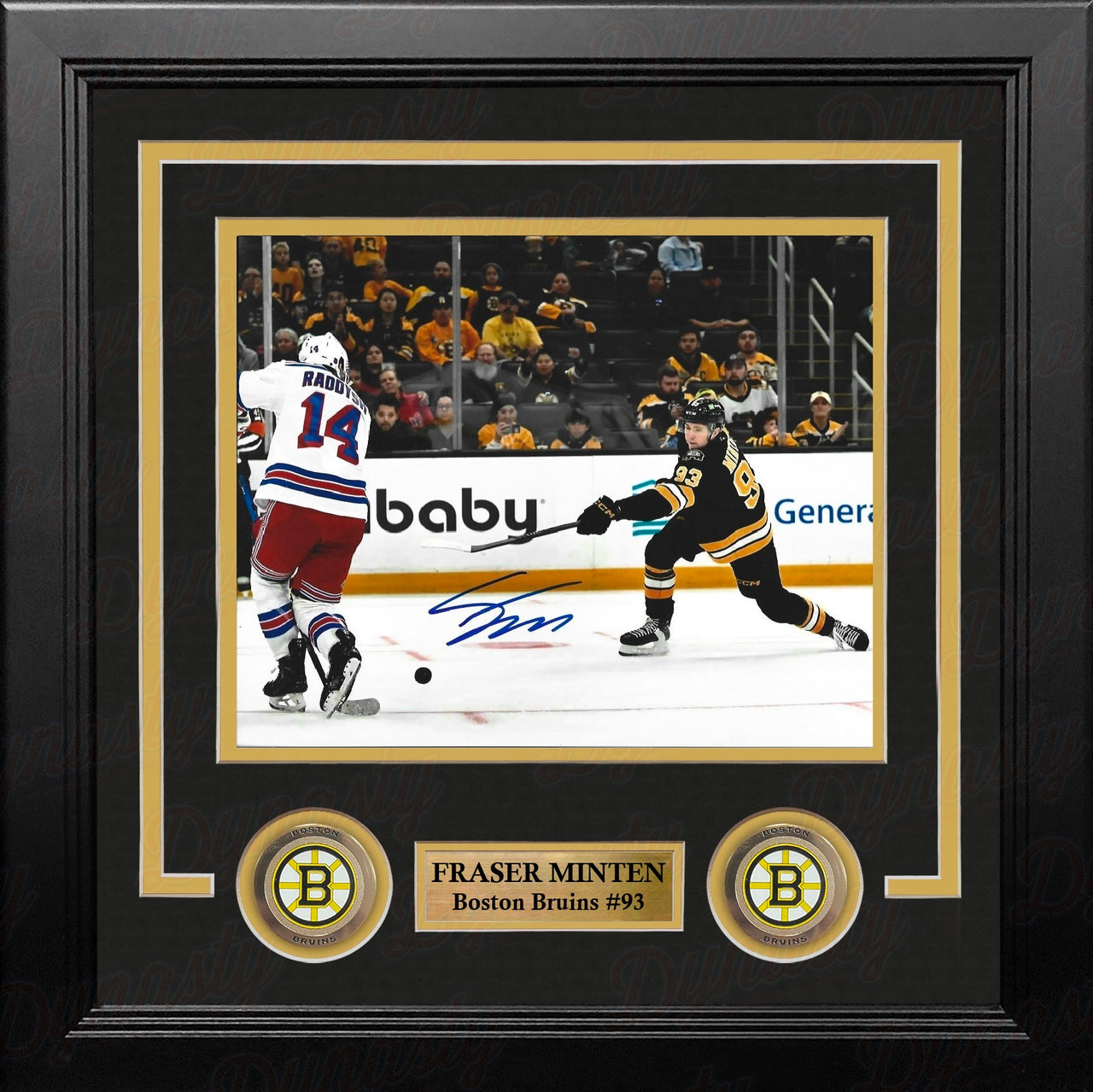 An autographed 8x10 framed sports photo print of Boston Bruins star Fraser Minten making a slapshot, with a player's signature in blue ink at the bottom.