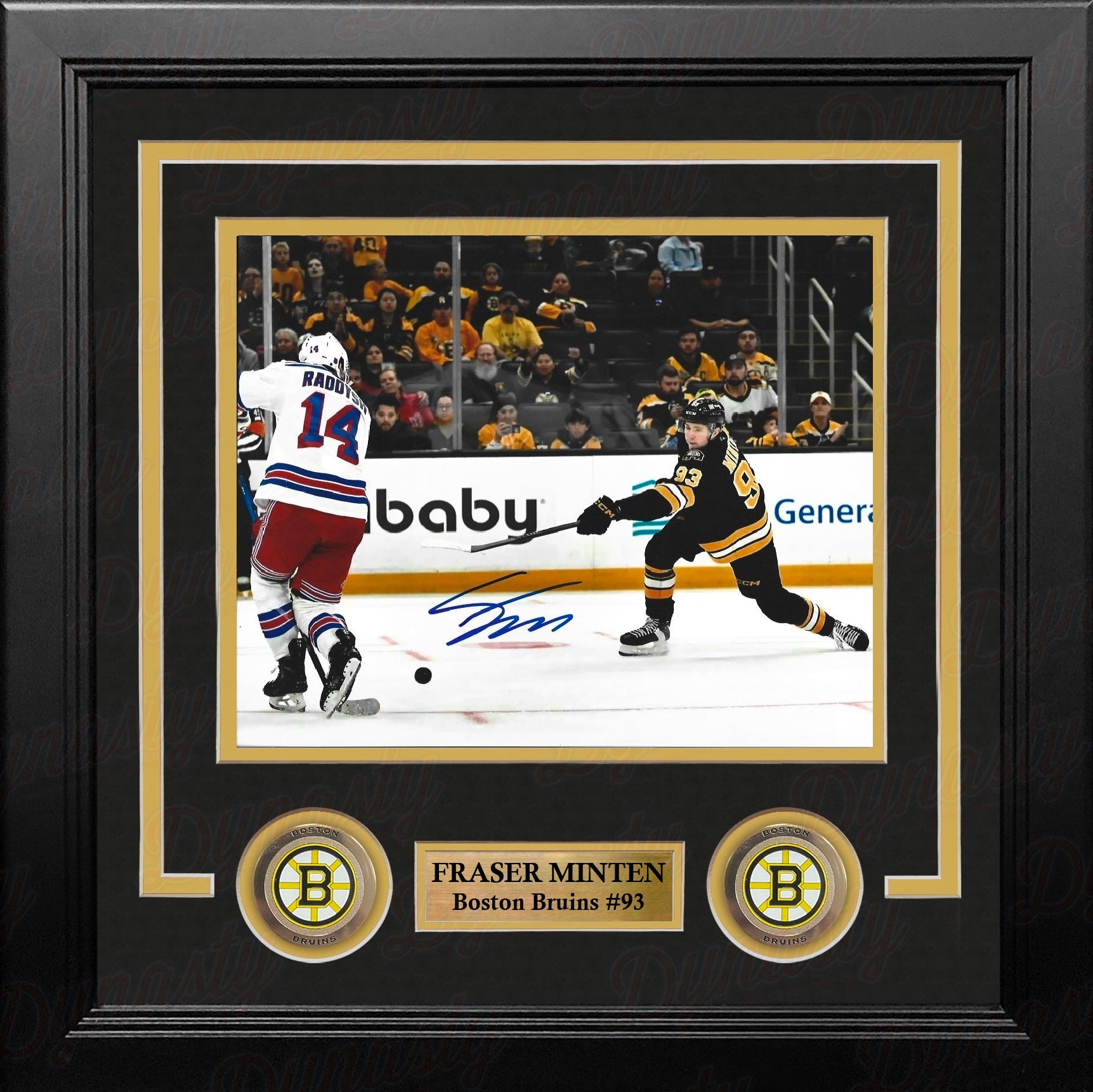 An autographed 8x10 framed sports photo print of Boston Bruins star Fraser Minten making a slapshot, with a player's signature in blue ink at the bottom.