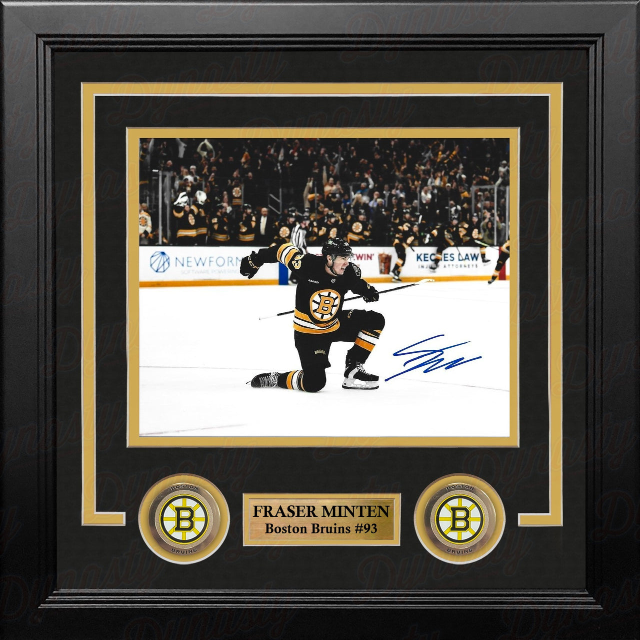 A framed Boston Bruins collectible photo print of player Fraser Minten, signed and autographed. The black frame features a gold inner mat, a central action photo of Minten on the ice, a gold nameplate reading 'FRASER MINTEN Boston Bruins #93', and two circular gold Bruins 'B' emblems at the bottom.