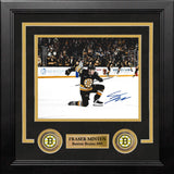 A framed Boston Bruins collectible photo print of player Fraser Minten, signed and autographed. The black frame features a gold inner mat, a central action photo of Minten on the ice, a gold nameplate reading 'FRASER MINTEN Boston Bruins #93', and two circular gold Bruins 'B' emblems at the bottom.