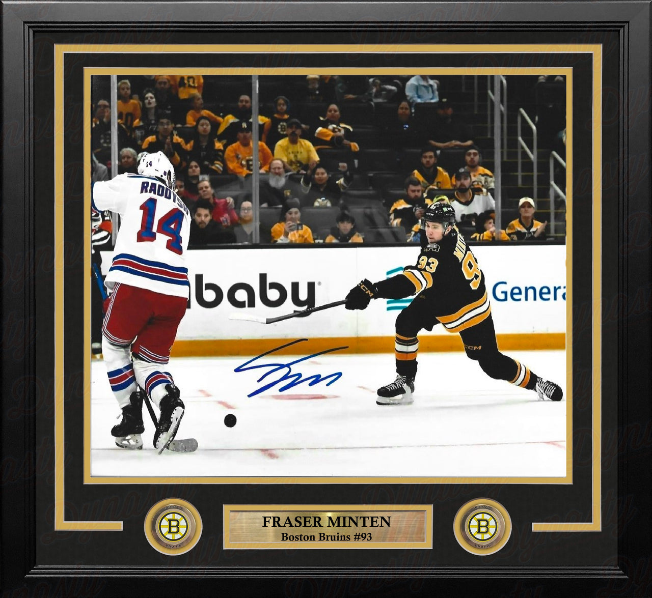 An autographed 11x14 framed sports photo print of Boston Bruins star Fraser Minten making a slapshot, with a player's signature in blue ink at the bottom.