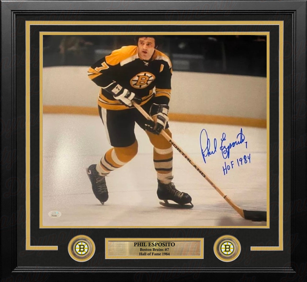 Phil Esposito in Action Boston Bruins Autographed 16" x 20" Framed Photo Inscribed Hall of Fame