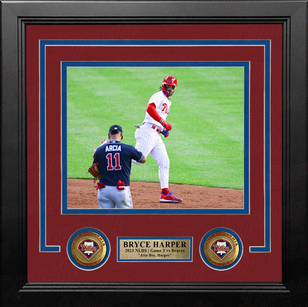 Bryce Harper Stares Down Arcia 2023 NLDS Philadelphia Phillies 8" x 10" Framed Photo with Medallions