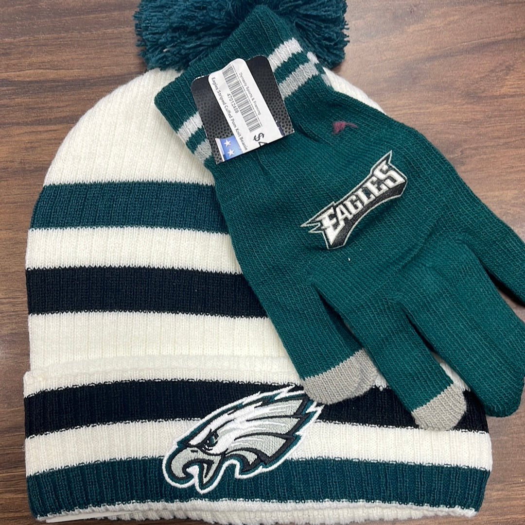Philadelphia Eagles Striped Cuffed Pom Knit Beanie and Gloves Set