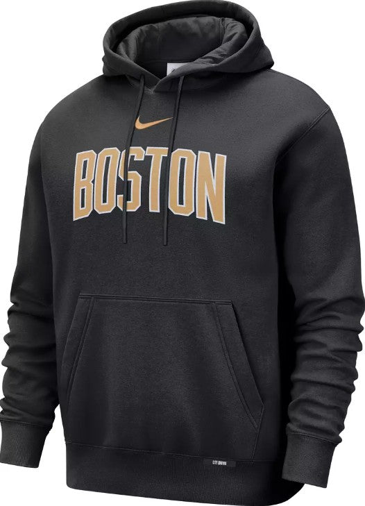 A black Nike pullover hoodie featuring 'BOSTON' printed in large gold block letters across the chest, with a gold Nike swoosh above it. The hoodie has a front kangaroo pocket and drawstrings, shown against a plain white background.