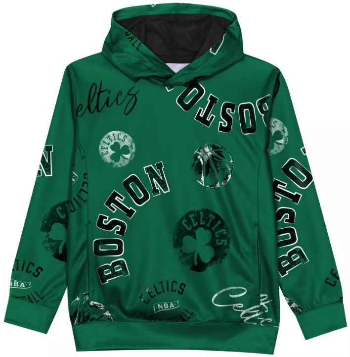 A green Boston Celtics pullover hoodie featuring an all-over graphic print of the team logo, 'BOSTON' text, and script logos, shown against a plain white background.