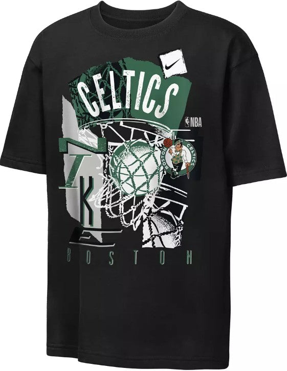 A black Nike Boston Celtics graphic t-shirt featuring a large front print with 'CELTICS', a basketball hoop, and the number 7 in green, white, and gray.