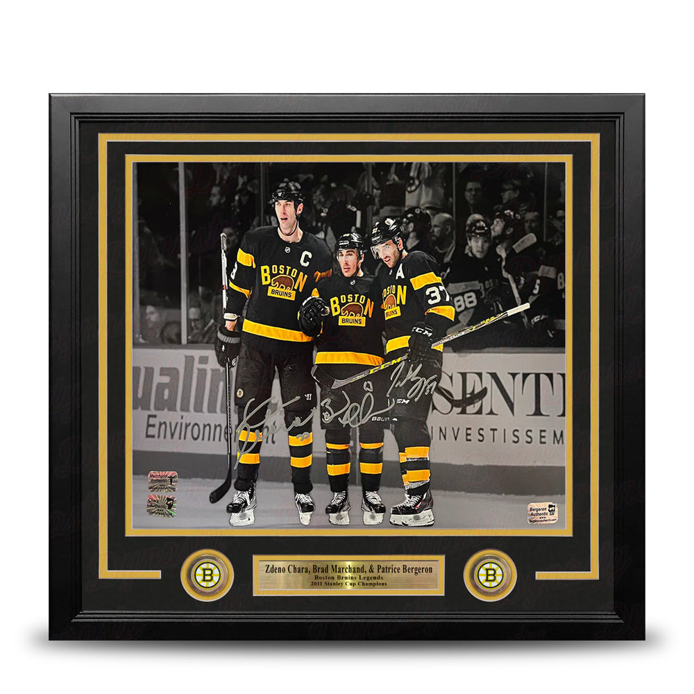 Zdeno Chara, Brad Marchand, Patrice Bergeron Boston Bruins Autographed 11x14 Framed Blackout Photo