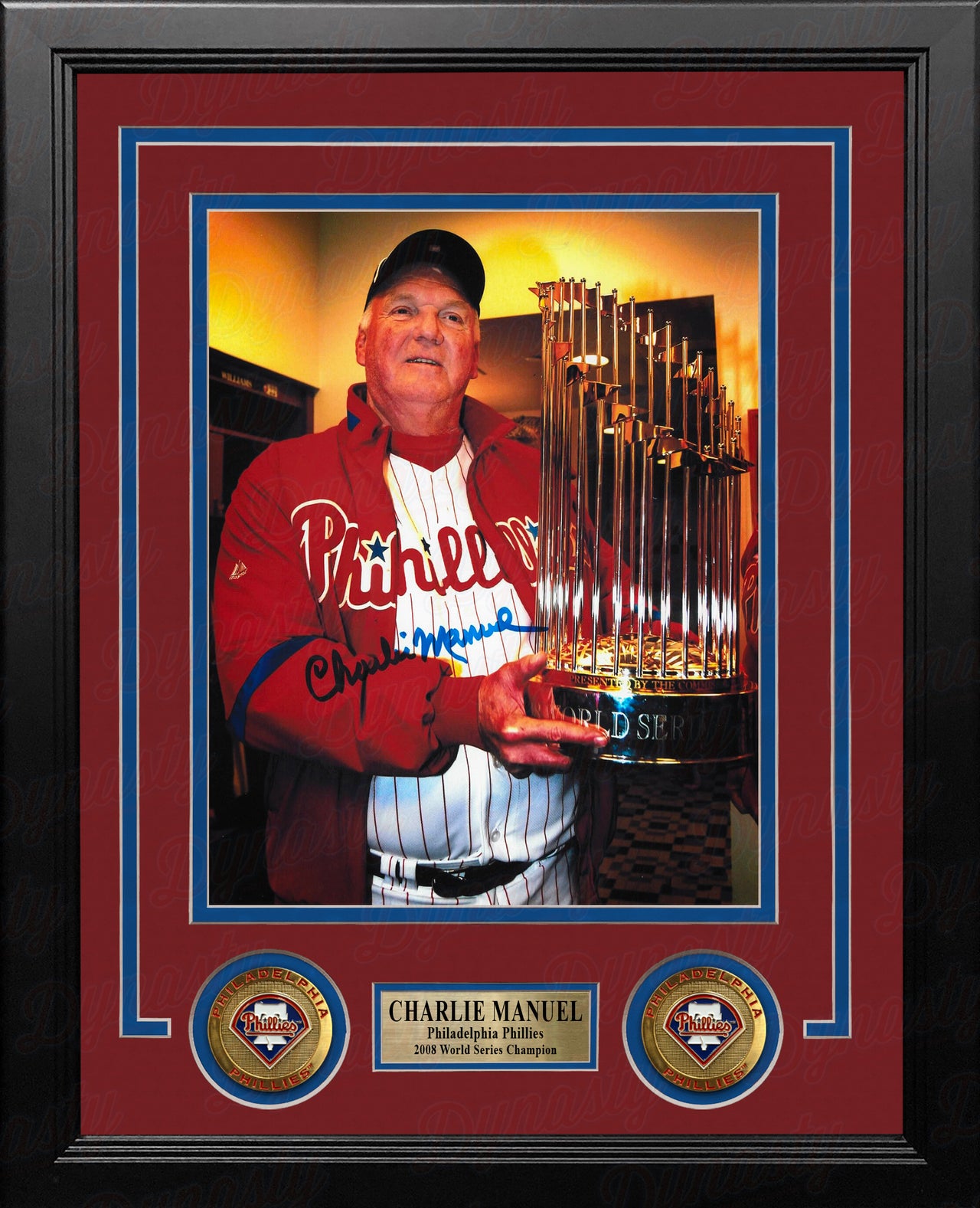 Charlie Manuel 2008 World Series Trophy Philadelphia Phillies Autographed 8x10 Framed Baseball Photo