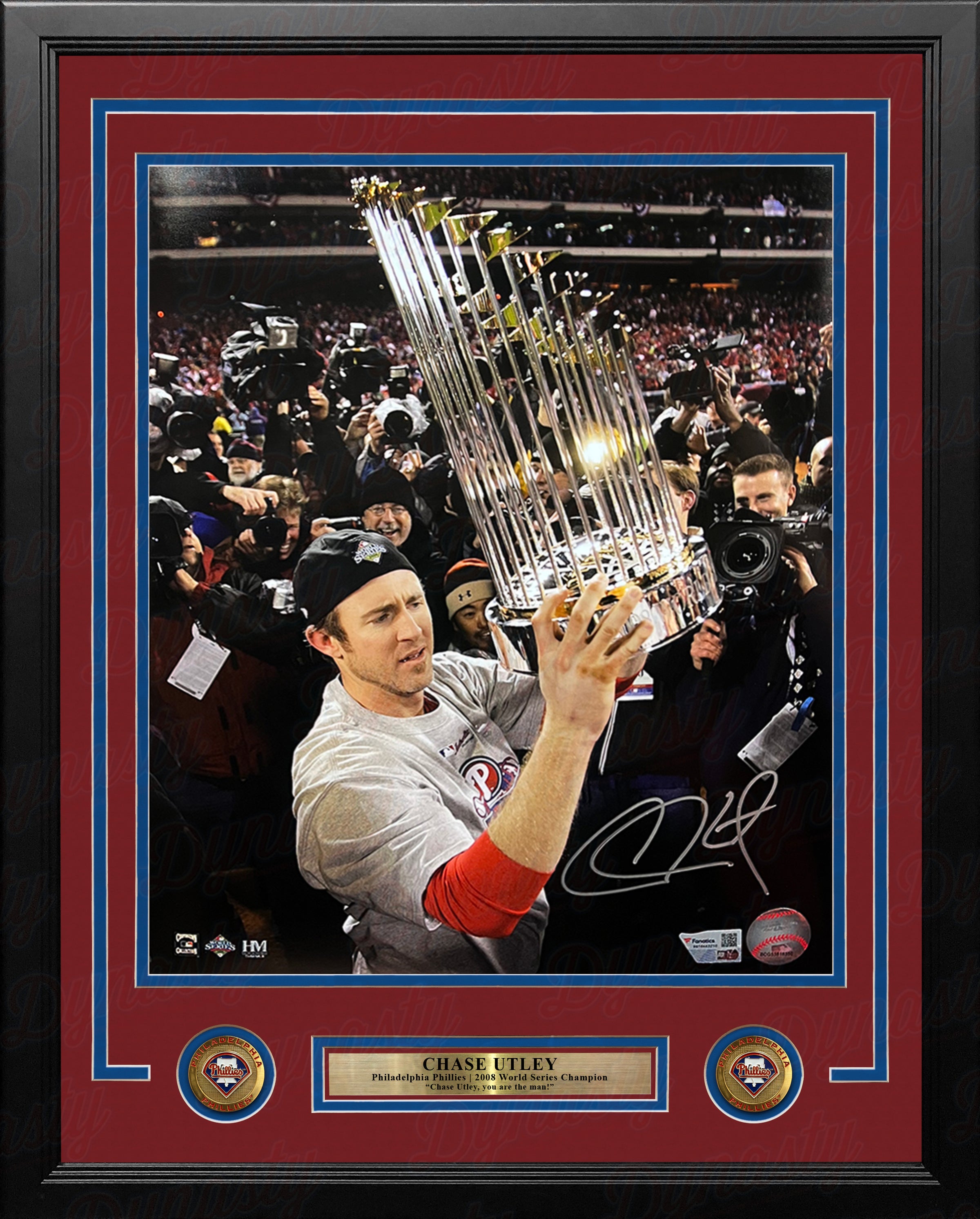 Chase Utley 2008 World Series Trophy Philadelphia Phillies Autographed 16" x 20" Framed Baseball Photo