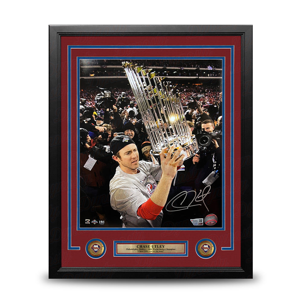 Chase Utley 2008 World Series Trophy Philadelphia Phillies Autographed 16" x 20" Framed Baseball Photo