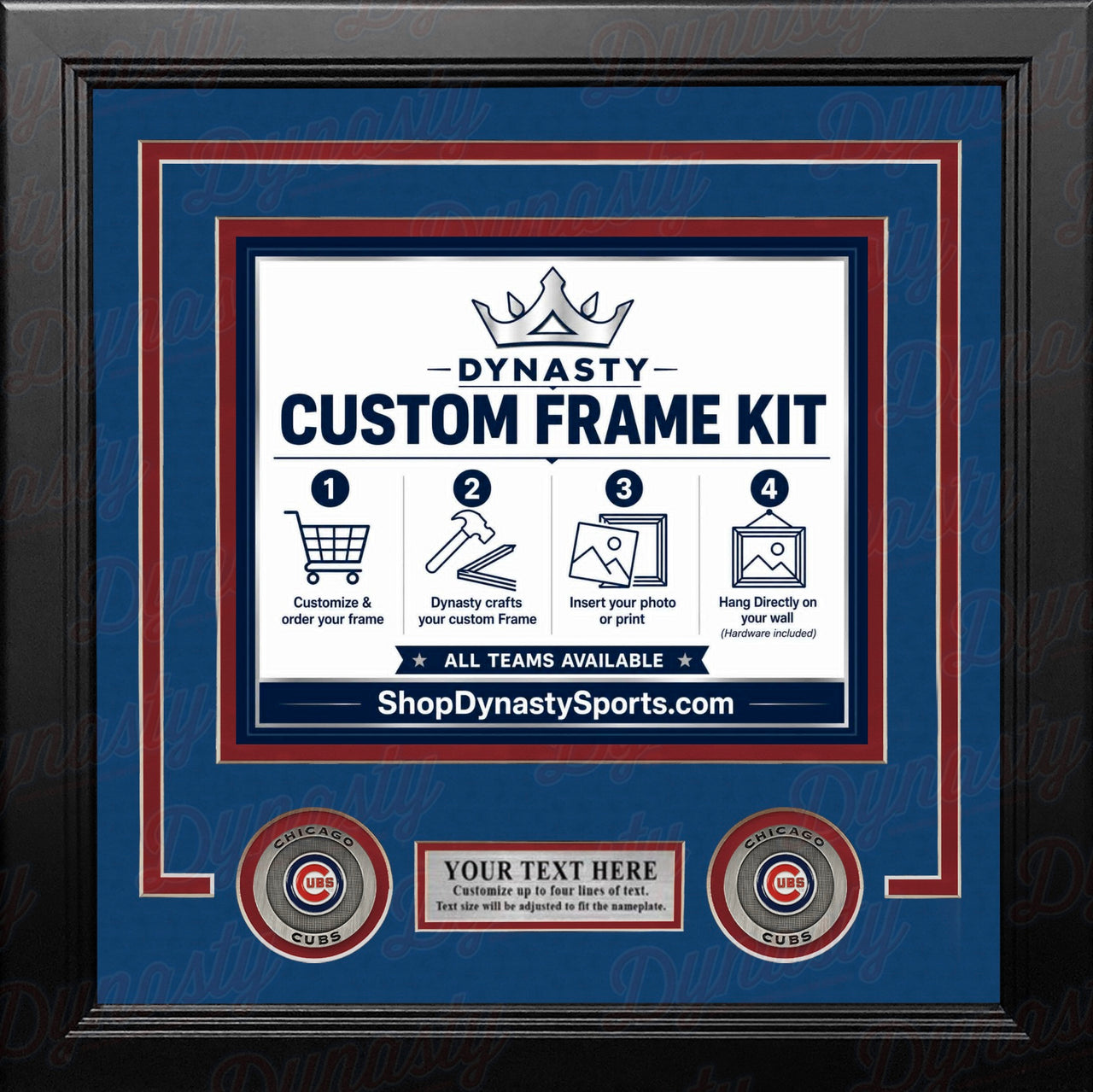 Chicago Cubs Custom MLB Baseball Picture Frame Kit with Blue Matting, Red Trim, a Silver Nameplate, and Cubs medallions