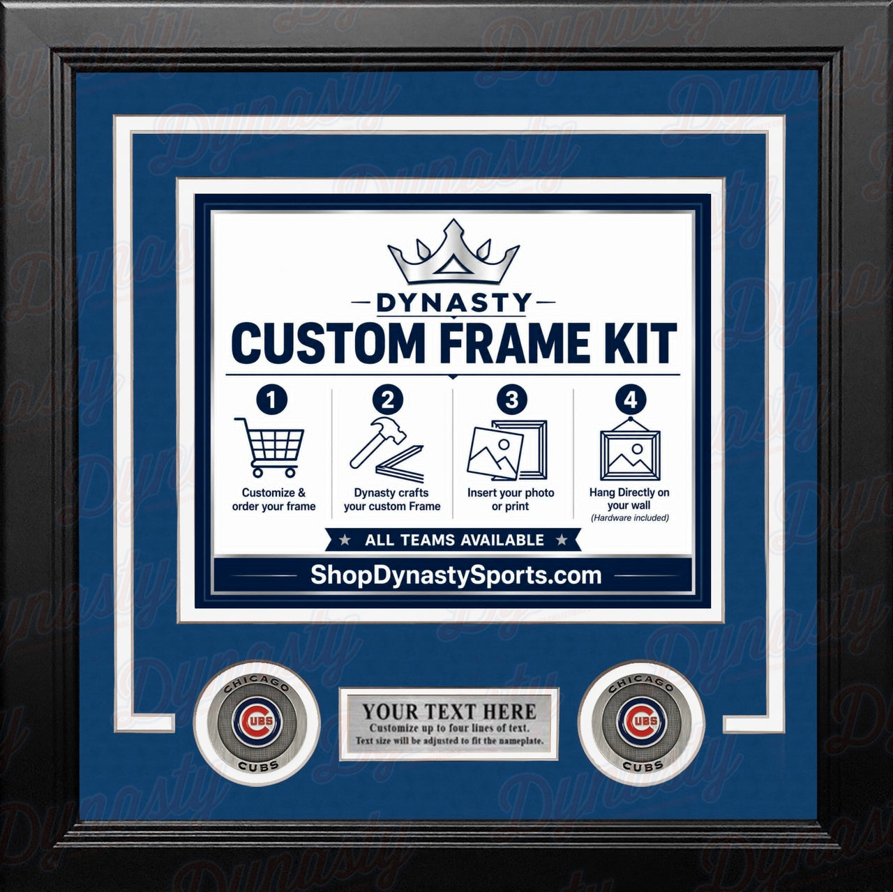 Chicago Cubs Custom MLB Baseball Picture Frame Kit with Blue Matting, White Trim, a Silver Nameplate, and Cubs medallions