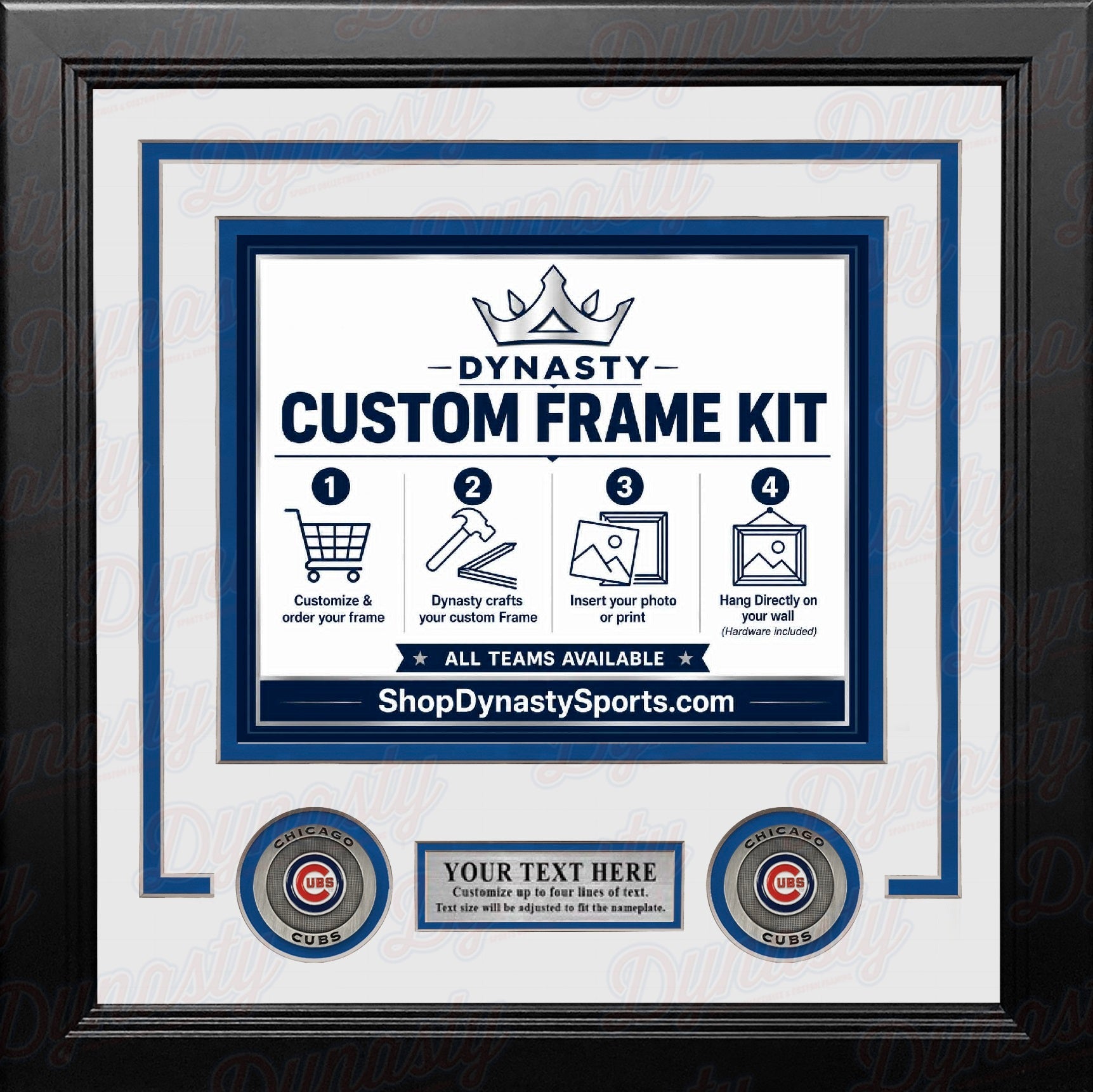 Chicago Cubs Custom MLB Baseball Picture Frame Kit with White Matting, Blue Trim, a Silver Nameplate, and Cubs medallions