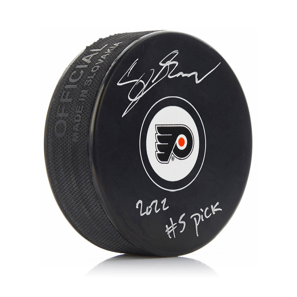 Cutter Gauthier Philadelphia Flyers Autographed NHL Hockey Logo Puck with #5 Pick Inscription