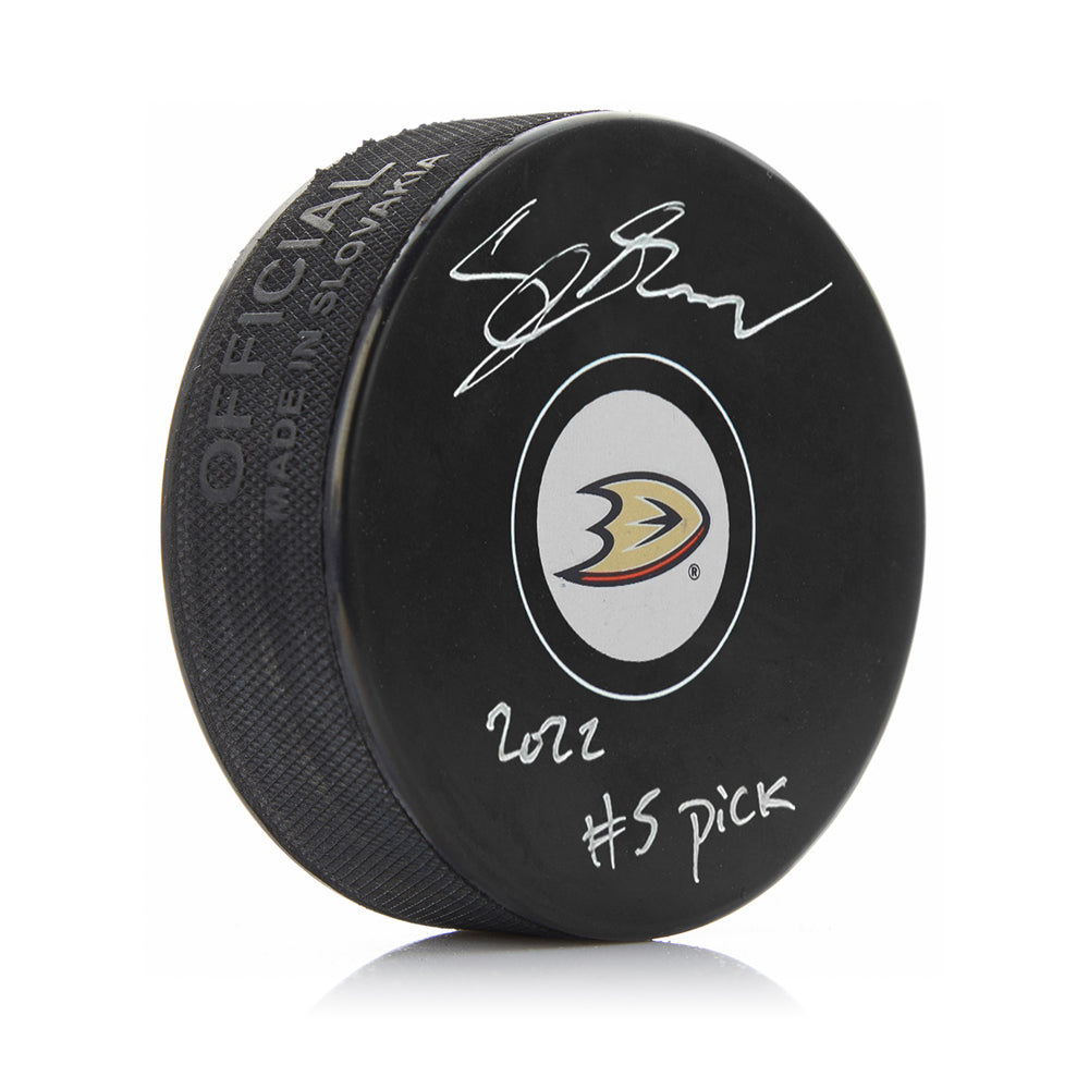 Cutter Gauthier Anaheim Ducks Autographed NHL Hockey Logo Puck with #5 Pick Inscription