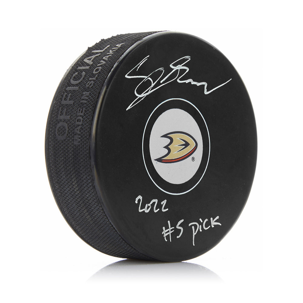 Cutter Gauthier Anaheim Ducks Autographed NHL Hockey Logo Puck with #5 Pick Inscription
