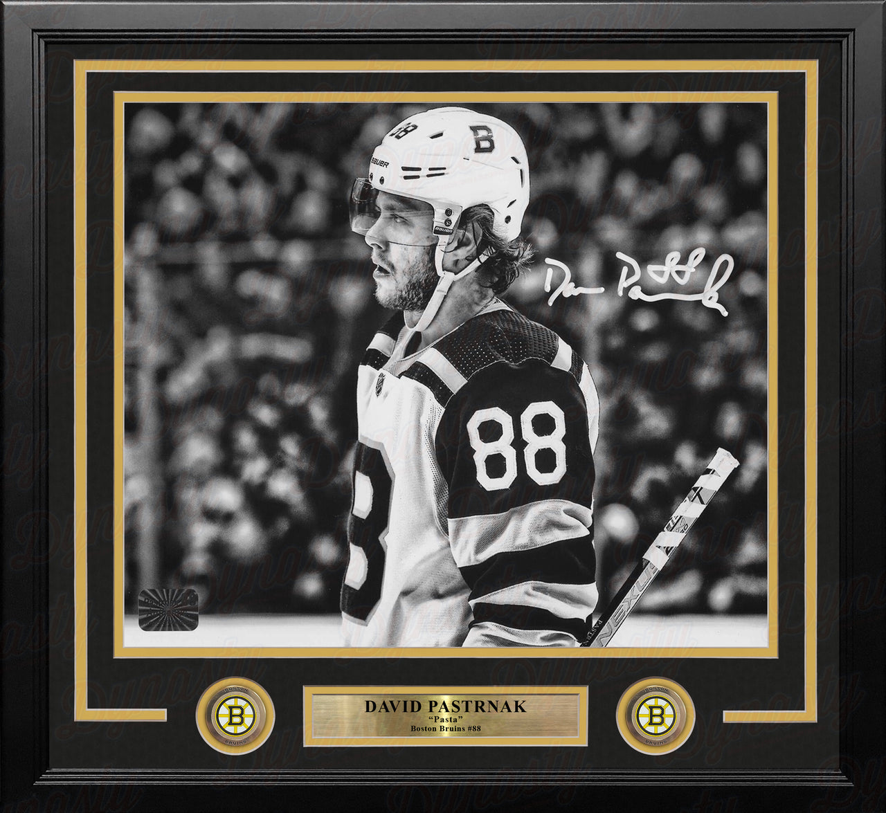 David Pastrnak Black & White Autographed Boston Bruins 16" x 20" Framed Hockey Photo