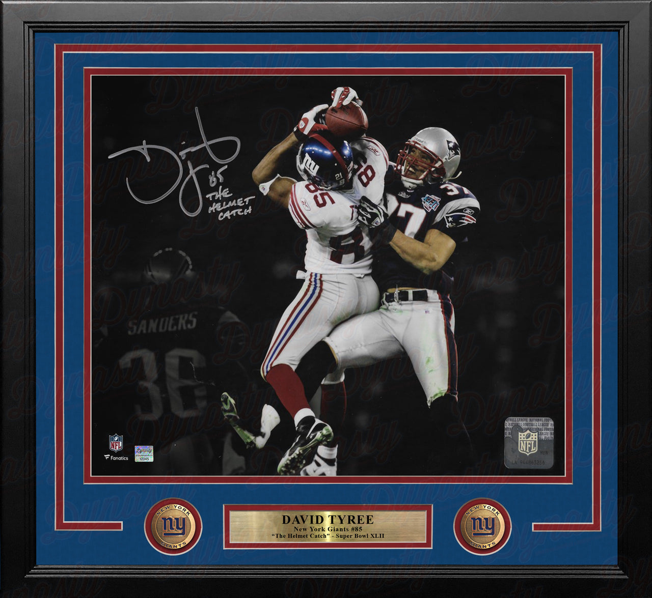 David Tyree Super Bowl Catch NY Giants Autographed 16x20 Framed Photo Inscribed The Helmet Catch