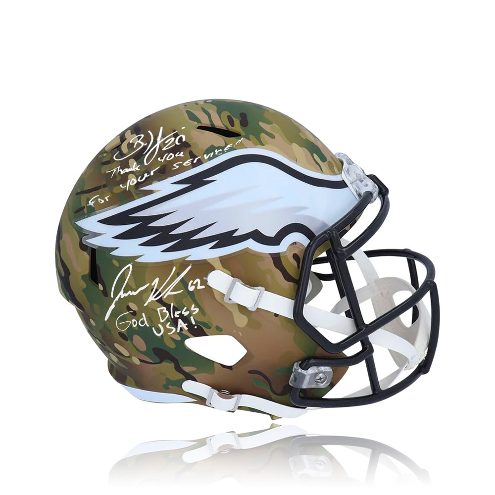 Brian Dawkins & Jason Kelce Philadelphia Eagles Autographed Football Camo Helmet with Inscriptions