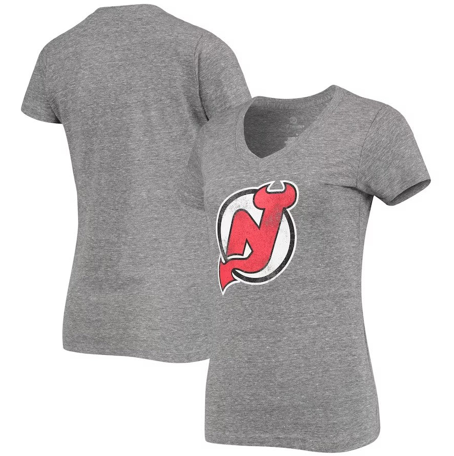 New Jersey Devils Women's Distressed Logo T-Shirt - Heathered Gray - Dynasty Sports & Framing 