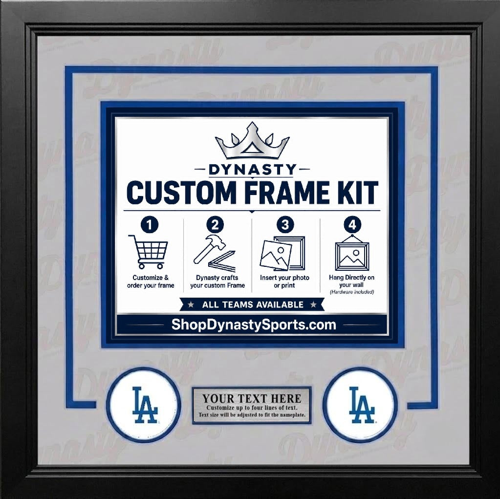 Los Angeles Dodgers Custom MLB Baseball Picture Frame Kit with Gray Matting, Blue Trim, a Silver Nameplate, and LA Dodgers logos