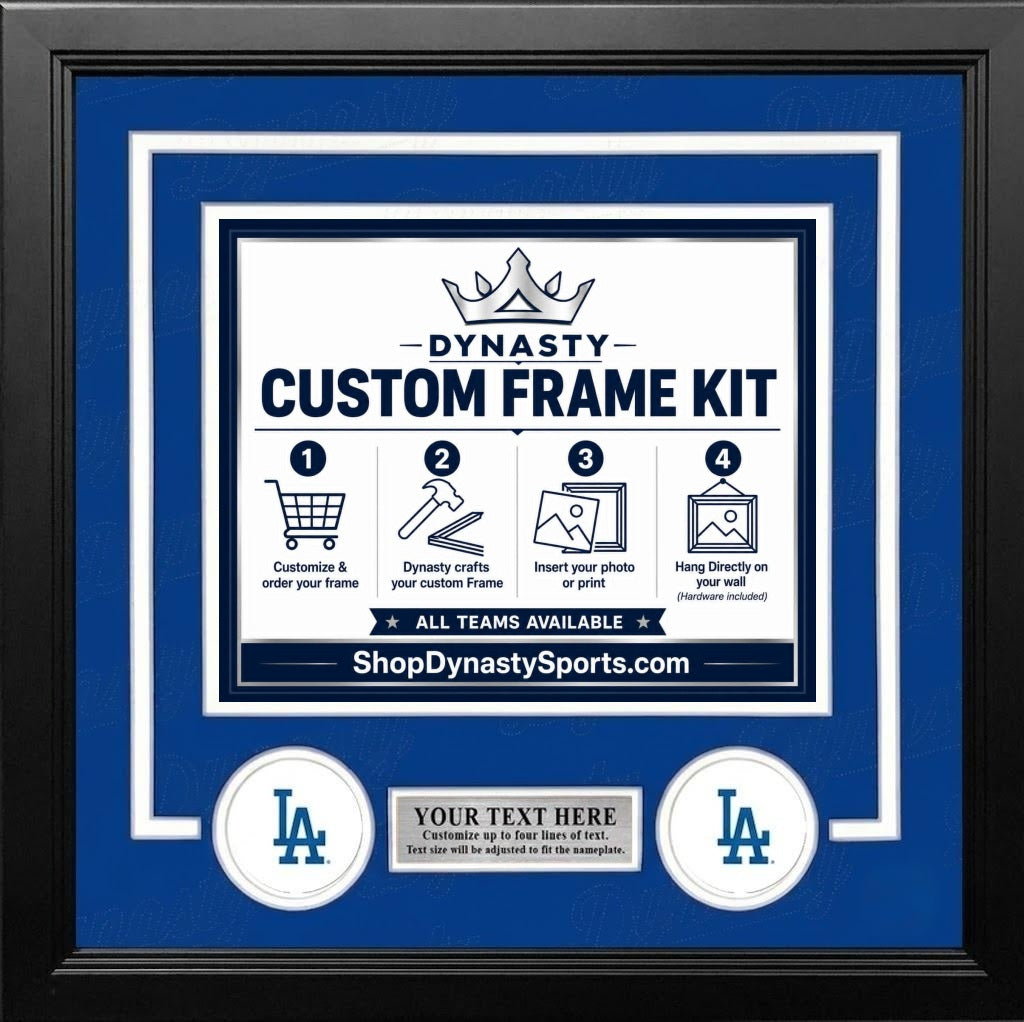 Los Angeles Dodgers Custom MLB Baseball Picture Frame Kit with Blue Matting, White Trim, a Silver Nameplate, and LA Dodgers logos