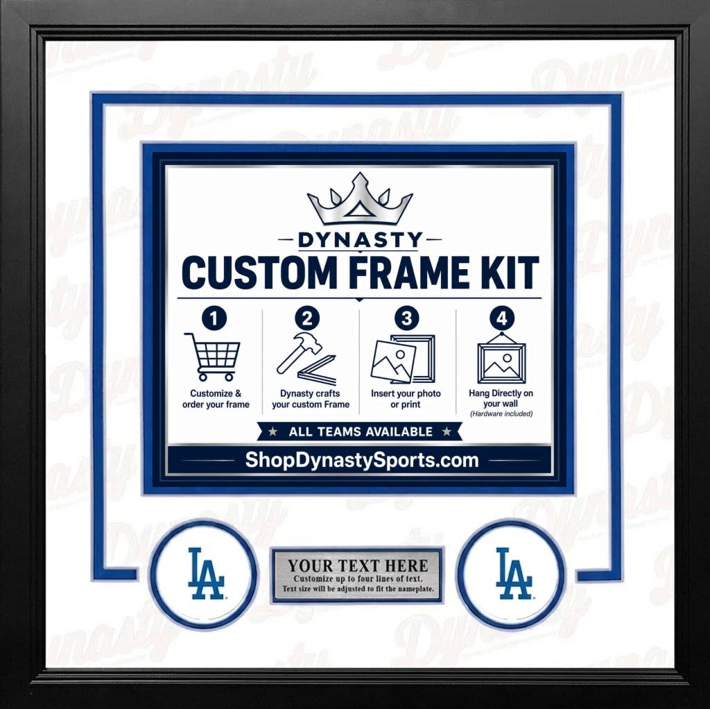 Los Angeles Dodgers Custom MLB Baseball Picture Frame Kit with White Matting, Blue Trim, a Silver Nameplate, and LA Dodgers logos