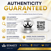Promotional graphic for Dynasty Sports & Framing authenticity guarantee, featuring large gold and navy text, icons for 100% authentic, tamper evident, easy verification, and buy with confidence, a sample authentic label with a crown logo, a QR code, and a dark blue footer with company branding.