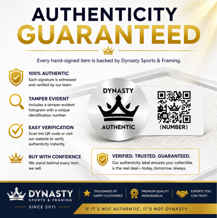 Promotional graphic for Dynasty Sports & Framing authenticity guarantee, featuring large gold and navy text, icons for 100% authentic, tamper evident, easy verification, and buy with confidence, a sample authentic label with a crown logo, a QR code, and a dark blue footer with company branding.