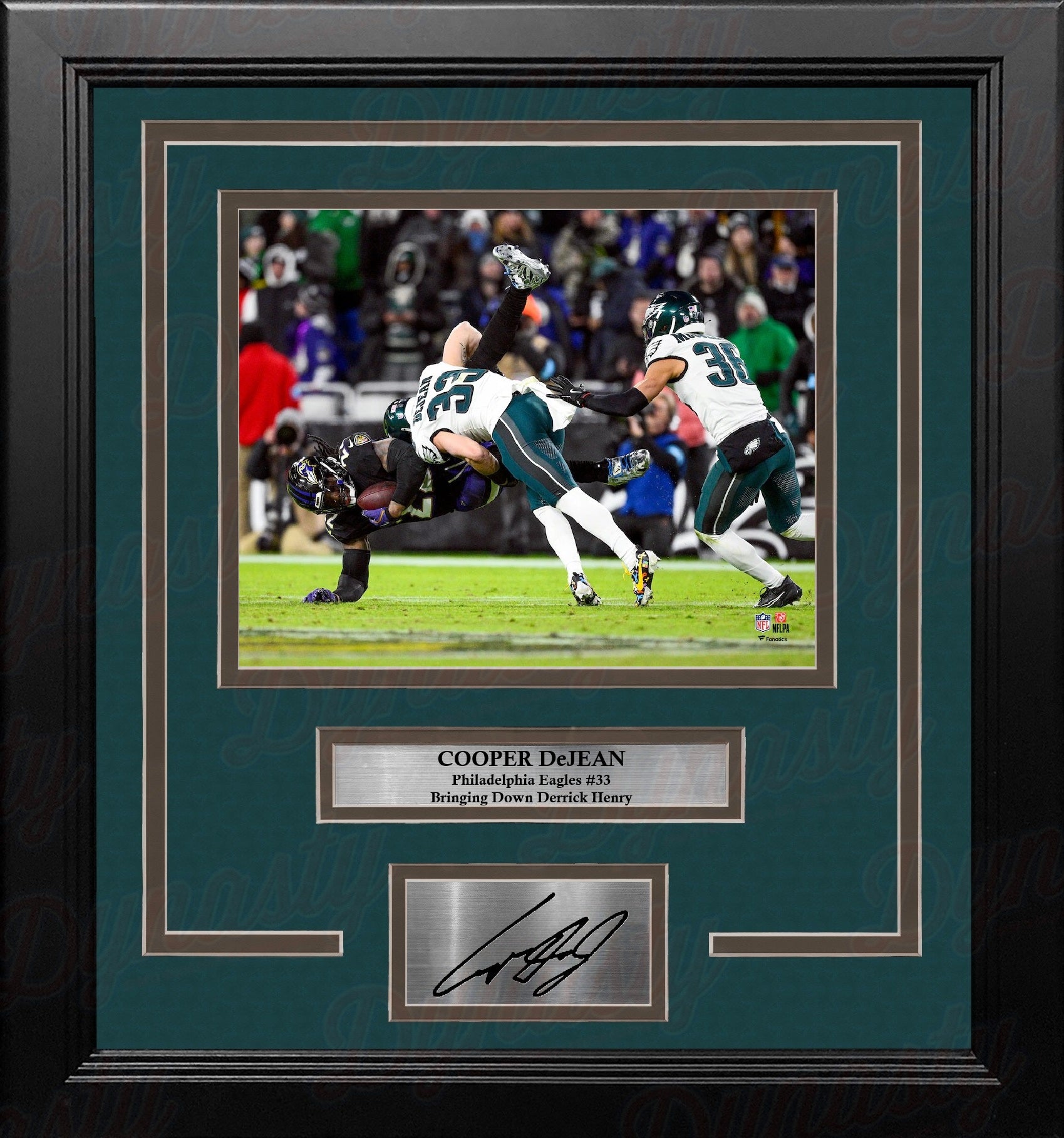 Cooper DeJean Tackles Derrick Henry Philadelphia Eagles 8x10 Framed Photo with Engraved Autograph